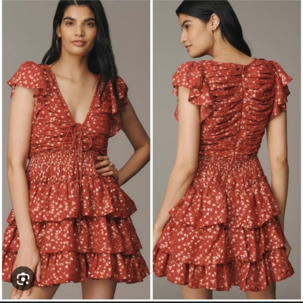 Anthropologie Rust Red Tiered Mini Dress with Cream Print